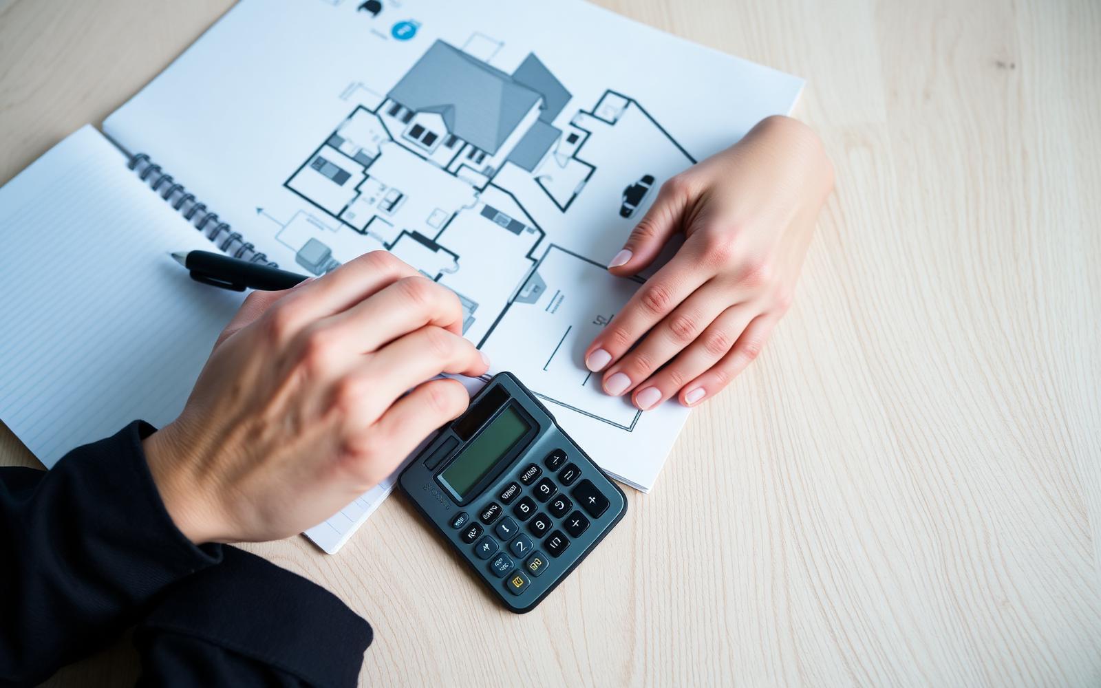Planung eines Immobilienkaufs mit Grundriss und Taschenrechner