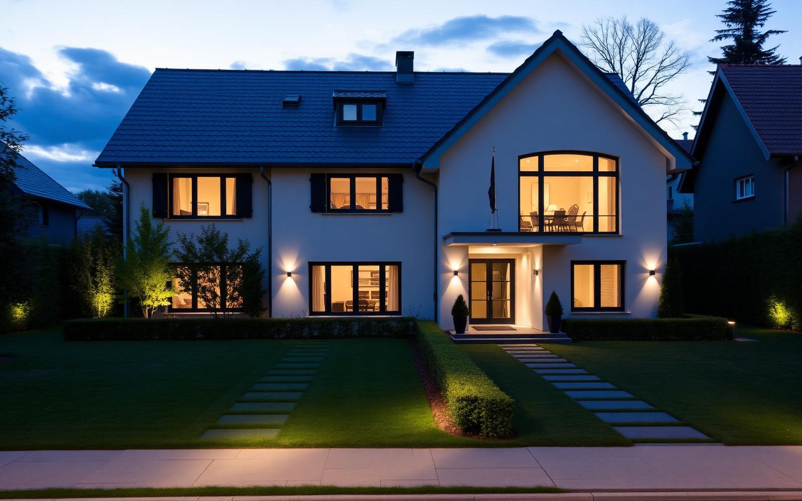 Modernes Einfamilienhaus in der Dämmerung
